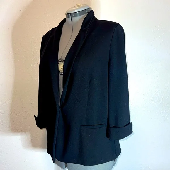 NYCC Black Blazer Single Button Jacket Women’s Size LARGE Rolled 3/4 Sleeves - Picture 3 of 12